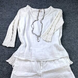 Bellavita Made in Italy White Lace Linen Blend Blouse Top Womens M Boho Ruffle